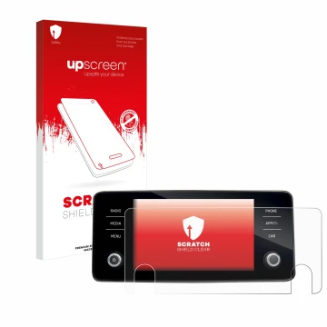 Parte frontal de un envase de producto con el logotipo de la marca upscreen. Al lado se muestra el dispositivo Skoda Bolero 20