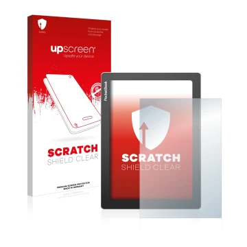 Parte frontal de un envase de producto con el logotipo de la marca upscreen. Al lado se muestra el dispositivo PocketBook InkP
