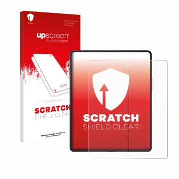 Parte frontal de un envase de producto con el logotipo de la marca upscreen. Al lado se muestra el dispositivo Samsung Galaxy 