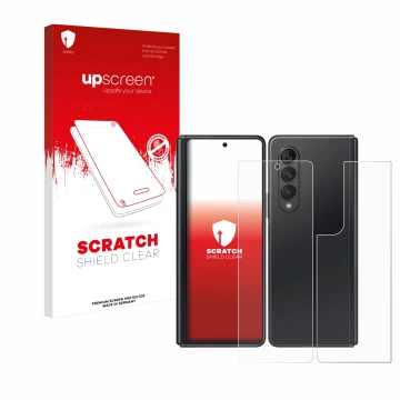 Parte frontal de un envase de producto con el logotipo de la marca upscreen. Al lado se muestra el dispositivo Samsung Galaxy 