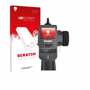Parte frontal de un envase de producto con el logotipo de la marca upscreen. Al lado se muestra el dispositivo Futaba T3PV con