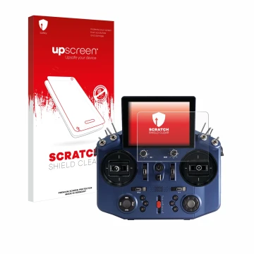 Parte frontal de un envase de producto con el logotipo de la marca upscreen. Al lado se muestra el dispositivo FrSky Tandem X2