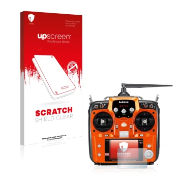 Parte frontal de un envase de producto con el logotipo de la marca upscreen. Al lado se muestra el dispositivo RadioLink AT10I