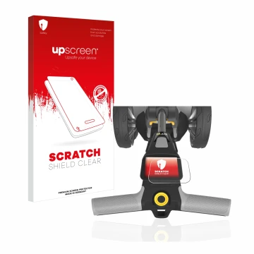 Parte frontal de un envase de producto con el logotipo de la marca upscreen. Al lado se muestra el dispositivo PowaKaddy CT6 c