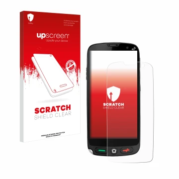 Parte frontal de un envase de producto con el logotipo de la marca upscreen. Al lado se muestra el dispositivo Brondi Amico XS