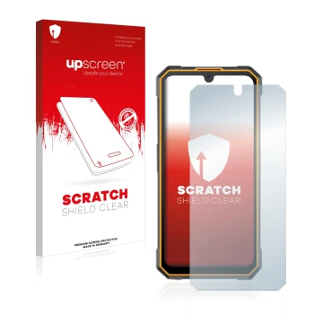 Parte frontal de un envase de producto con el logotipo de la marca upscreen. Al lado se muestra el dispositivo Cubot King Kong