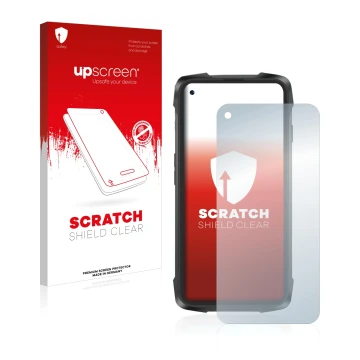 Parte frontal de un envase de producto con el logotipo de la marca upscreen. Al lado se muestra el dispositivo Cubot King Kong
