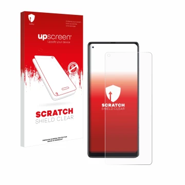 Parte frontal de un envase de producto con el logotipo de la marca upscreen. Al lado se muestra el dispositivo Cubot Max 3 con