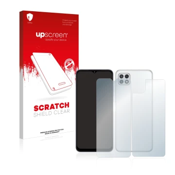 Parte frontal de un envase de producto con el logotipo de la marca upscreen. Al lado se muestra el dispositivo Samsung Galaxy 