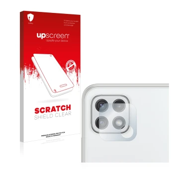 Parte frontal de un envase de producto con el logotipo de la marca upscreen. Al lado se muestra el dispositivo Samsung Galaxy 