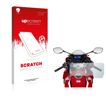 Parte frontal de un envase de producto con el logotipo de la marca upscreen. Al lado se muestra el dispositivo Honda CBR650R 2