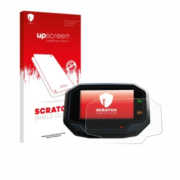 Parte frontal de un envase de producto con el logotipo de la marca upscreen. Al lado se muestra el dispositivo Kawasaki Z900 2