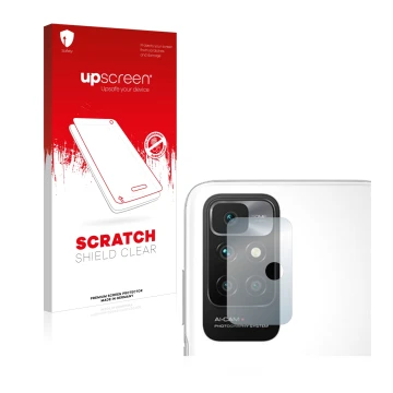 Parte frontal de un envase de producto con el logotipo de la marca upscreen. Al lado se muestra el dispositivo Xiaomi Redmi 10