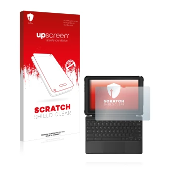 Parte frontal de un envase de producto con el logotipo de la marca upscreen. Al lado se muestra el dispositivo ASUS Chromebook