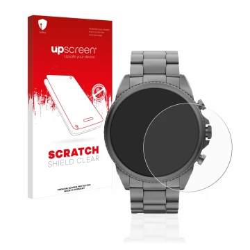 Parte frontal de un envase de producto con el logotipo de la marca upscreen. Al lado se muestra el dispositivo Fossil Gen 6 (4