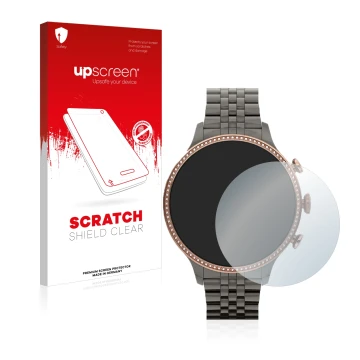 Parte frontal de un envase de producto con el logotipo de la marca upscreen. Al lado se muestra el dispositivo Fossil Gen 6 (4