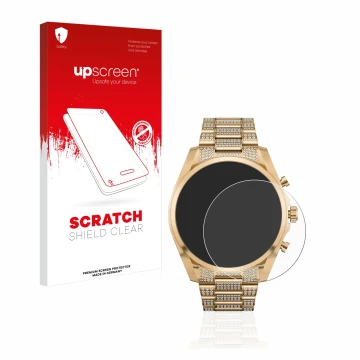 Parte frontal de un envase de producto con el logotipo de la marca upscreen. Al lado se muestra el dispositivo Michael Kors Ac
