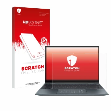 Parte frontal de un envase de producto con el logotipo de la marca upscreen. Al lado se muestra el dispositivo ASUS ZenBook 14