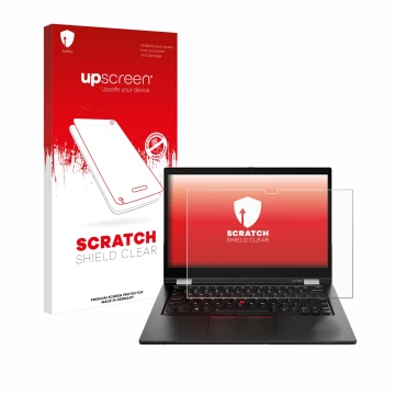 Parte frontal de un envase de producto con el logotipo de la marca upscreen. Al lado se muestra el dispositivo Lenovo ThinkPad