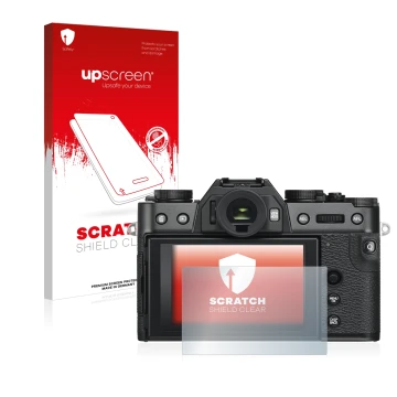 Parte frontal de un envase de producto con el logotipo de la marca upscreen. Al lado se muestra el dispositivo Fujifilm X-T30 