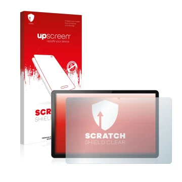 Parte frontal de un envase de producto con el logotipo de la marca upscreen. Al lado se muestra el dispositivo Lenovo Tab P11 