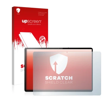 Parte frontal de un envase de producto con el logotipo de la marca upscreen. Al lado se muestra el dispositivo Lenovo Tab P12 