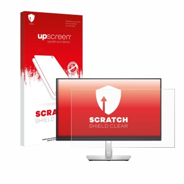 Parte frontal de un envase de producto con el logotipo de la marca upscreen. Al lado se muestra el dispositivo Dell P2422H con