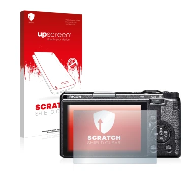 Parte frontal de un envase de producto con el logotipo de la marca upscreen. Al lado se muestra el dispositivo Ricoh GR IIIx c