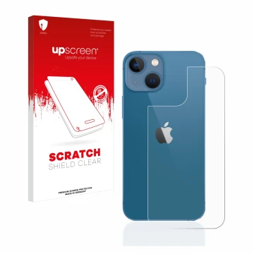 Parte frontal de un envase de producto con el logotipo de la marca upscreen. Al lado se muestra el dispositivo Apple iPhone 13