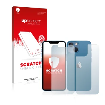 Parte frontal de un envase de producto con el logotipo de la marca upscreen. Al lado se muestra el dispositivo Apple iPhone 13
