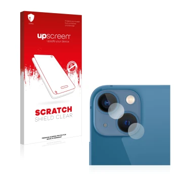Parte frontal de un envase de producto con el logotipo de la marca upscreen. Al lado se muestra el dispositivo Apple iPhone 13