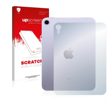 Parte frontal de un envase de producto con el logotipo de la marca upscreen. Al lado se muestra el dispositivo Apple iPad Mini