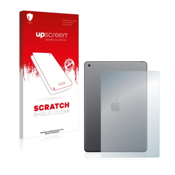 Parte frontal de un envase de producto con el logotipo de la marca upscreen. Al lado se muestra el dispositivo Apple iPad 10.2