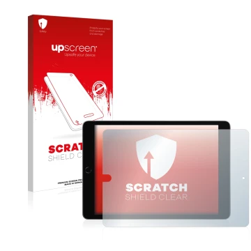 Parte frontal de un envase de producto con el logotipo de la marca upscreen. Al lado se muestra el dispositivo Apple iPad 10.2