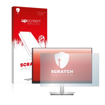 Parte frontal de un envase de producto con el logotipo de la marca upscreen. Al lado se muestra el dispositivo Dell P2422HE co