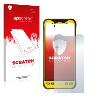 Parte frontal de un envase de producto con el logotipo de la marca upscreen. Al lado se muestra el dispositivo Trimble TDC600 