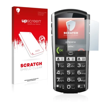 Parte frontal de un envase de producto con el logotipo de la marca upscreen. Al lado se muestra el dispositivo Emporia Simplic