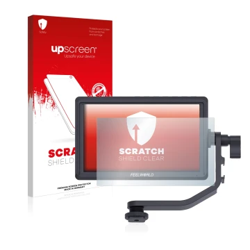 Parte frontal de un envase de producto con el logotipo de la marca upscreen. Al lado se muestra el dispositivo Feelworld FW568