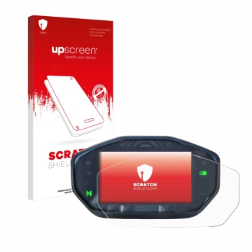 Parte frontal de un envase de producto con el logotipo de la marca upscreen. Al lado se muestra el dispositivo Ducati Monster 