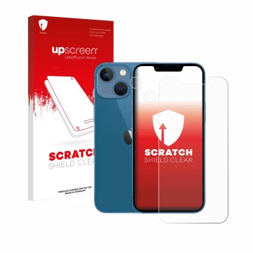 Parte frontal de un envase de producto con el logotipo de la marca upscreen. Al lado se muestra el dispositivo Apple iPhone 13