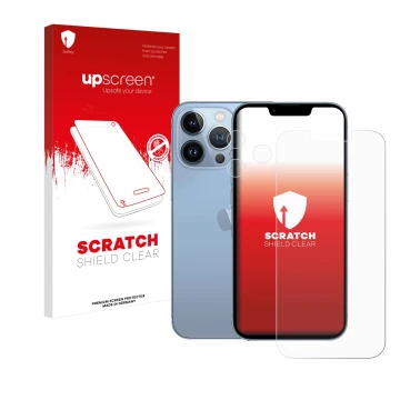 Parte frontal de un envase de producto con el logotipo de la marca upscreen. Al lado se muestra el dispositivo Apple iPhone 13