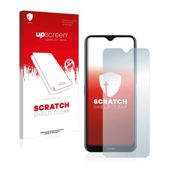 Parte frontal de un envase de producto con el logotipo de la marca upscreen. Al lado se muestra el dispositivo Nokia G50 con s