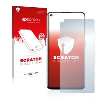 Parte frontal de un envase de producto con el logotipo de la marca upscreen. Al lado se muestra el dispositivo realme GT Neo 2