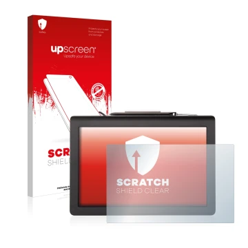 Parte frontal de un envase de producto con el logotipo de la marca upscreen. Al lado se muestra el dispositivo Signotec Pen Di