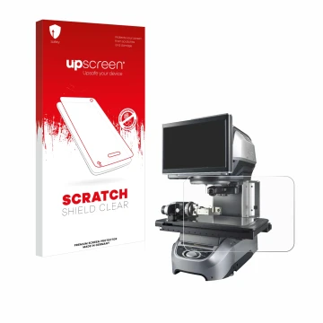 Parte frontal de un envase de producto con el logotipo de la marca upscreen. Al lado se muestra el dispositivo Keyence IM-8030