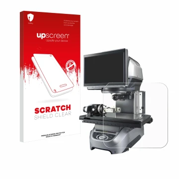 Parte frontal de un envase de producto con el logotipo de la marca upscreen. Al lado se muestra el dispositivo Keyence IM-8020