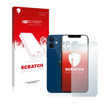 Parte frontal de un envase de producto con el logotipo de la marca upscreen. Al lado se muestra el dispositivo Apple iPhone 12