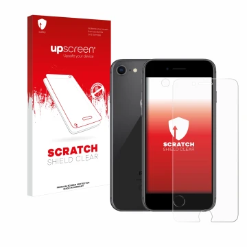 Parte frontal de un envase de producto con el logotipo de la marca upscreen. Al lado se muestra el dispositivo Apple iPhone 8 