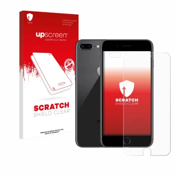 Parte frontal de un envase de producto con el logotipo de la marca upscreen. Al lado se muestra el dispositivo Apple iPhone 8 
