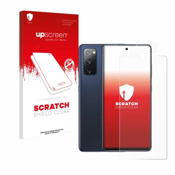 Parte frontal de un envase de producto con el logotipo de la marca upscreen. Al lado se muestra el dispositivo Samsung Galaxy 